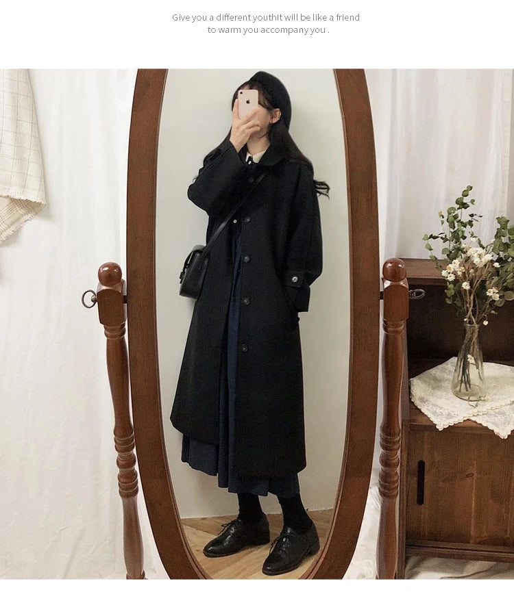 Autumn Winter Korean Style Loose Woolen Coat 2025 Slimming Knee-Length Tweed Women's Mid-Length Elegant Outerwear