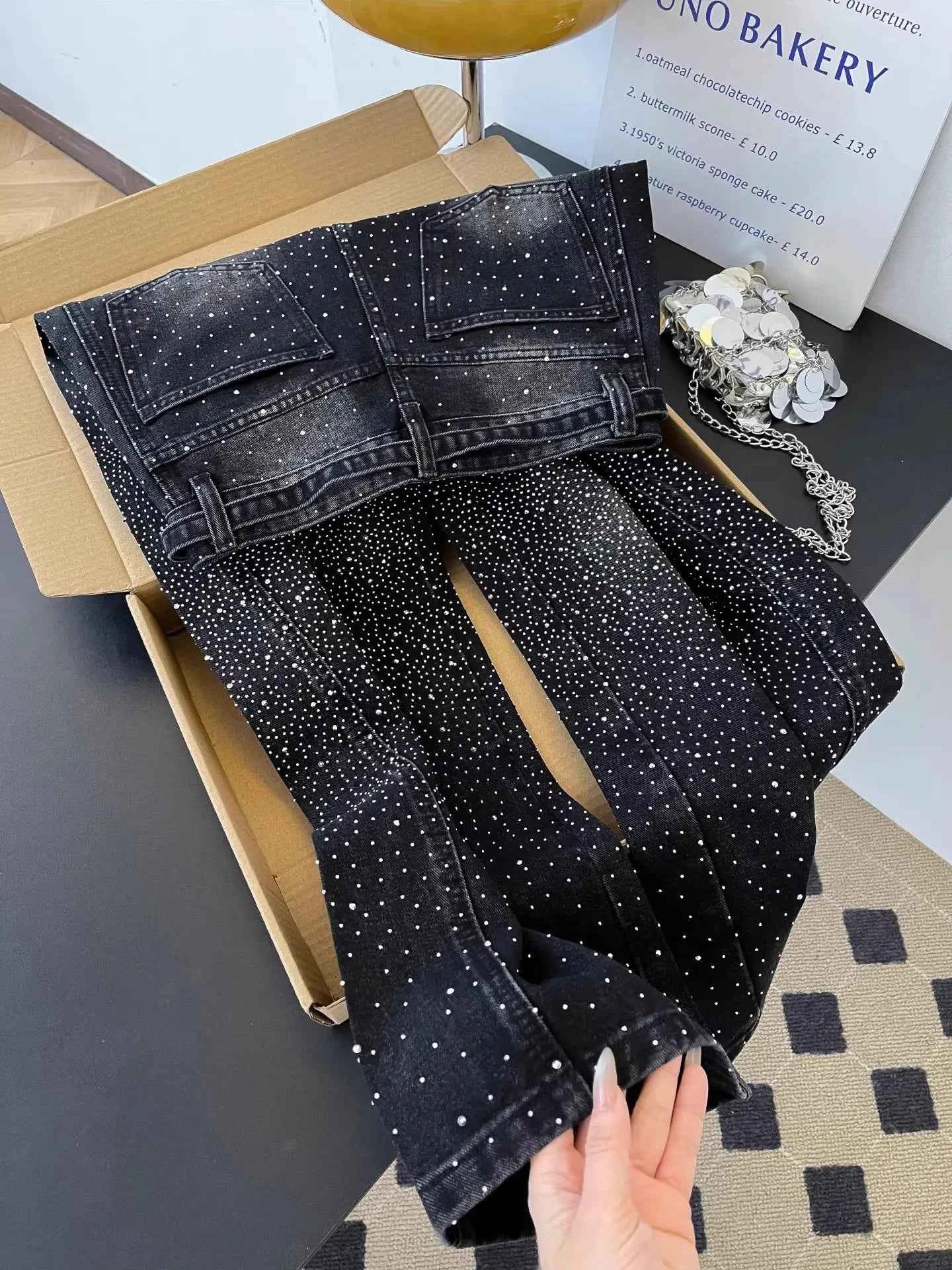 Glittering Rhinestone Denim Pants Women's Jeans New Wide Leg Design Sensation Floor-Length Pants Loose Jeans