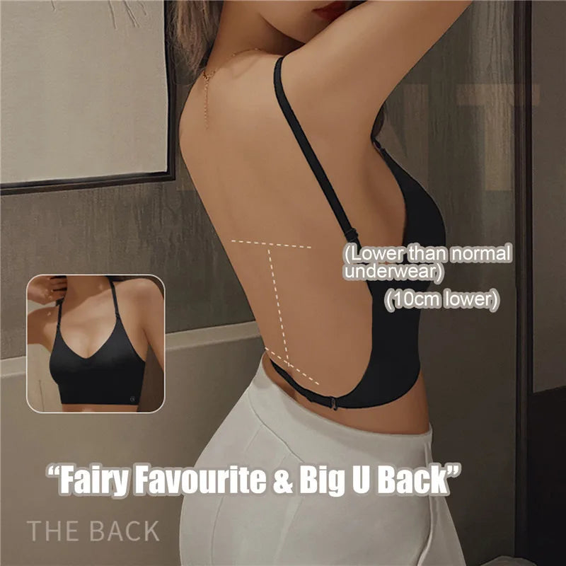 Sutiã invisível feminino com decote em U profundo, top sem costas para vestidos, lingerie sexy com alça transparente, push up, roupa íntima sem alças