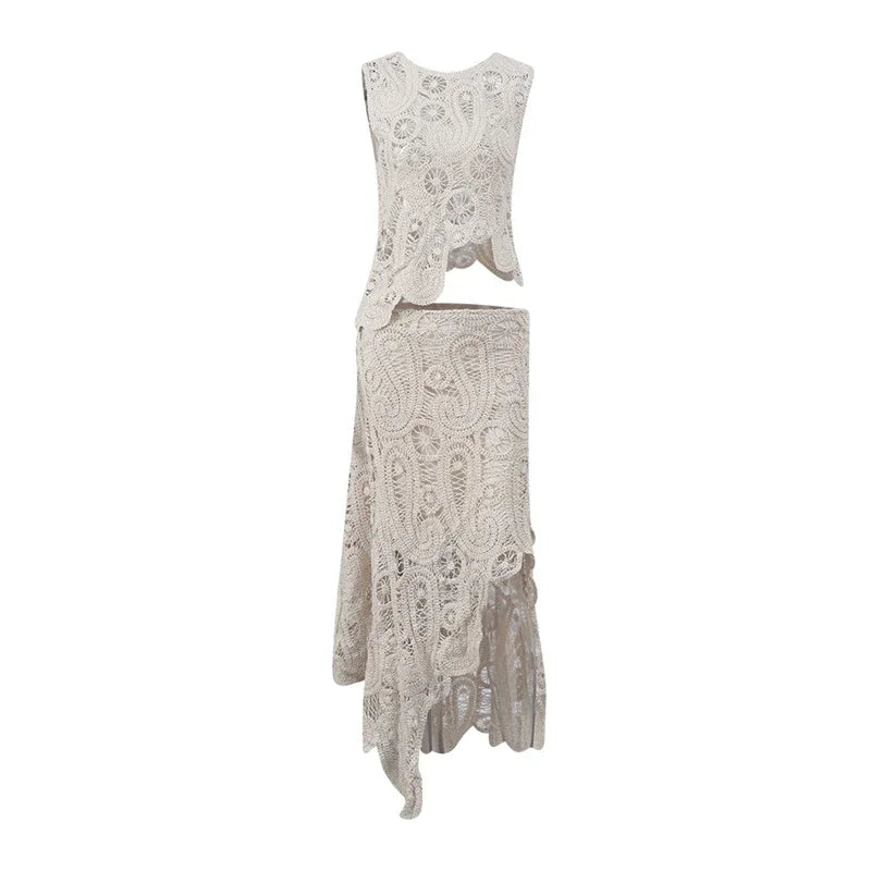 Crochet Knitted Asymmetric Women's Dress Set Chic O-neck Sleeveless Top Short Lining Skirt Suit 2023 Fashion Fairy Sweet Outfits