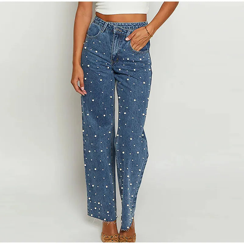 Calça jeans feminina moderna de cintura alta com perna reta e design chique de contas cravejadas, calça feminina casual e moderna de rua