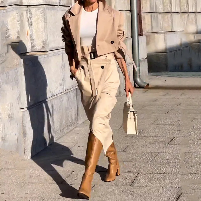 CM.YAYA Street Chic Women's Set Button Belt Long Sleeve Jackets and Cargo Skirts Suits Spring Two 2 Piece Set Outfit Tracksuit