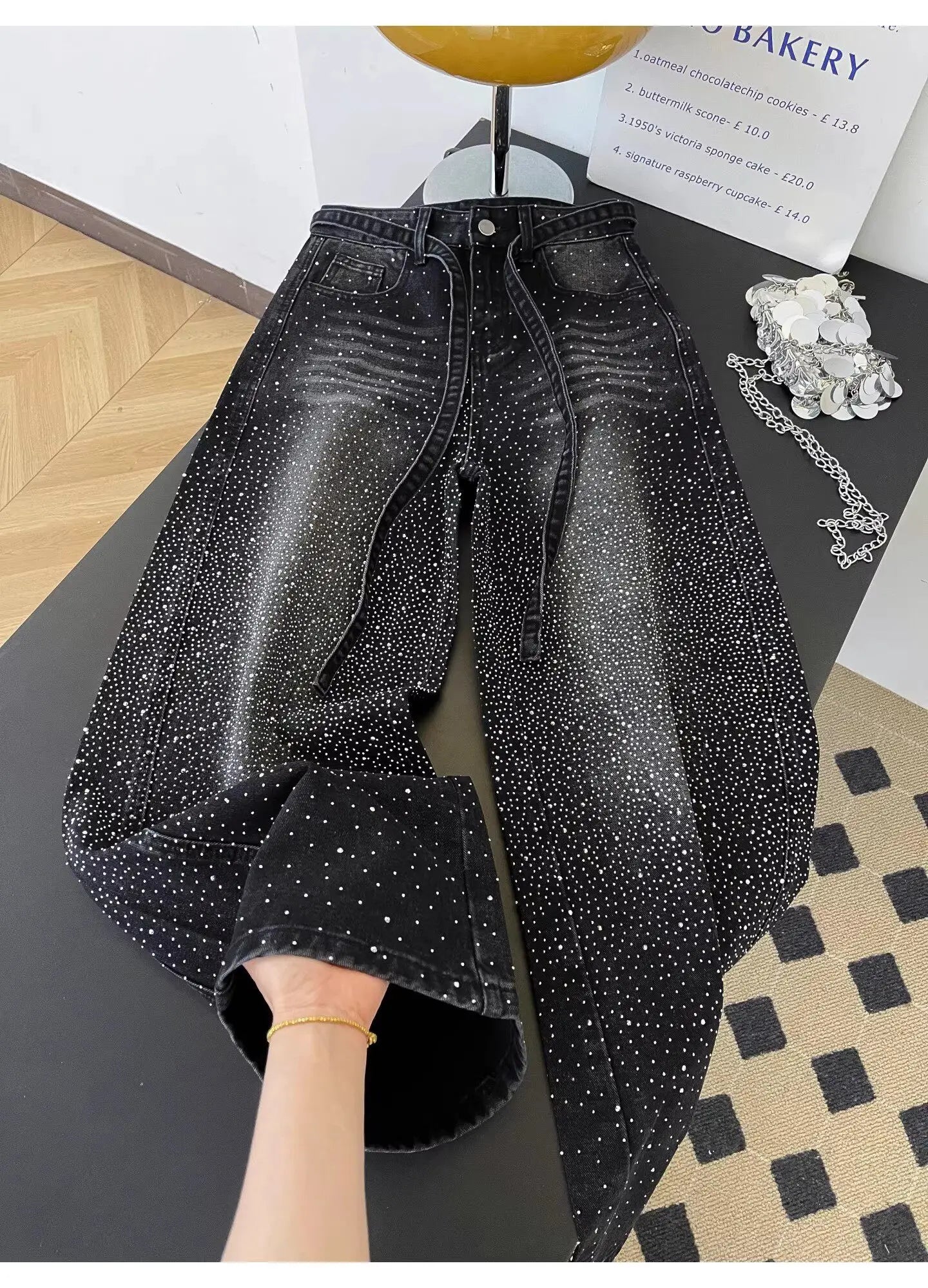 Glittering Rhinestone Denim Pants Women's Jeans New Wide Leg Design Sensation Floor-Length Pants Loose Jeans
