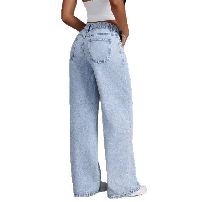 Trendy Cross-Border Hot Selling Women's Sweet-and-Spicy Style High-Waist Loose Casual Straight Leg Jeans Cotton Gauze