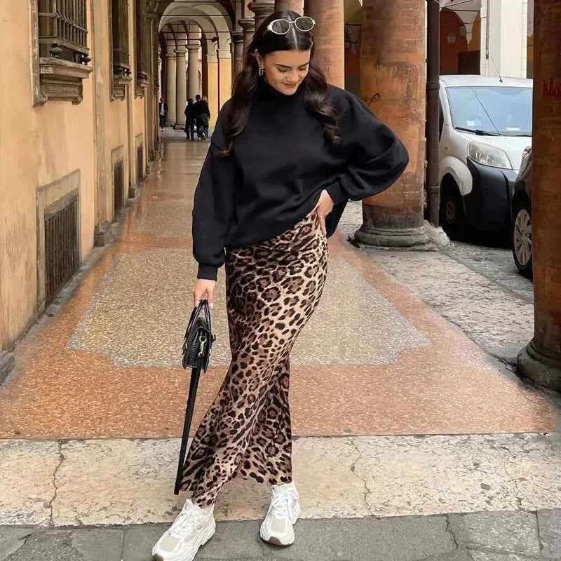 HXAO Leopard Print Women's Midi Skirt High Waist Stylish Long Skirts For Women Fall Vintage Satin Skirt Woman Elegant Skirts