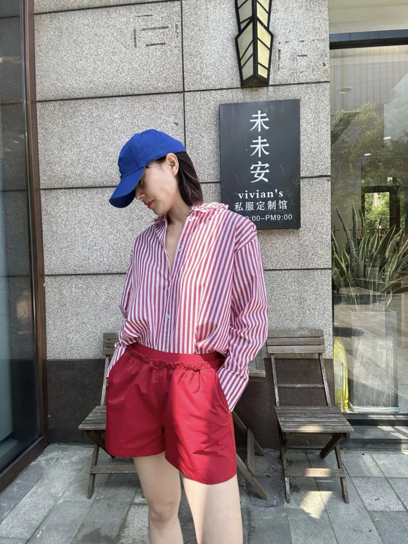 ETJ 2025 women's spring new Europe-American fashion striped long sleeve lapel loose version poplin shirt multi-color selection