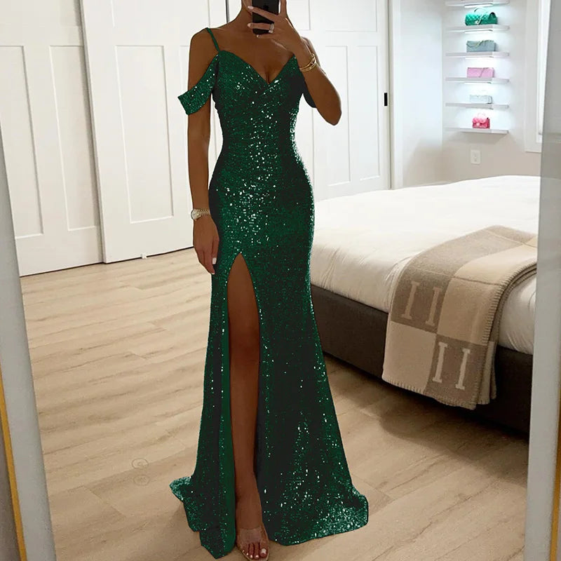 Summer Women Spaghetti Strap Solid Party Dress, 2024 V Neck Sequins Patchwork Maxi Dress, New Sexy Sleeveless Split Ladies Dress