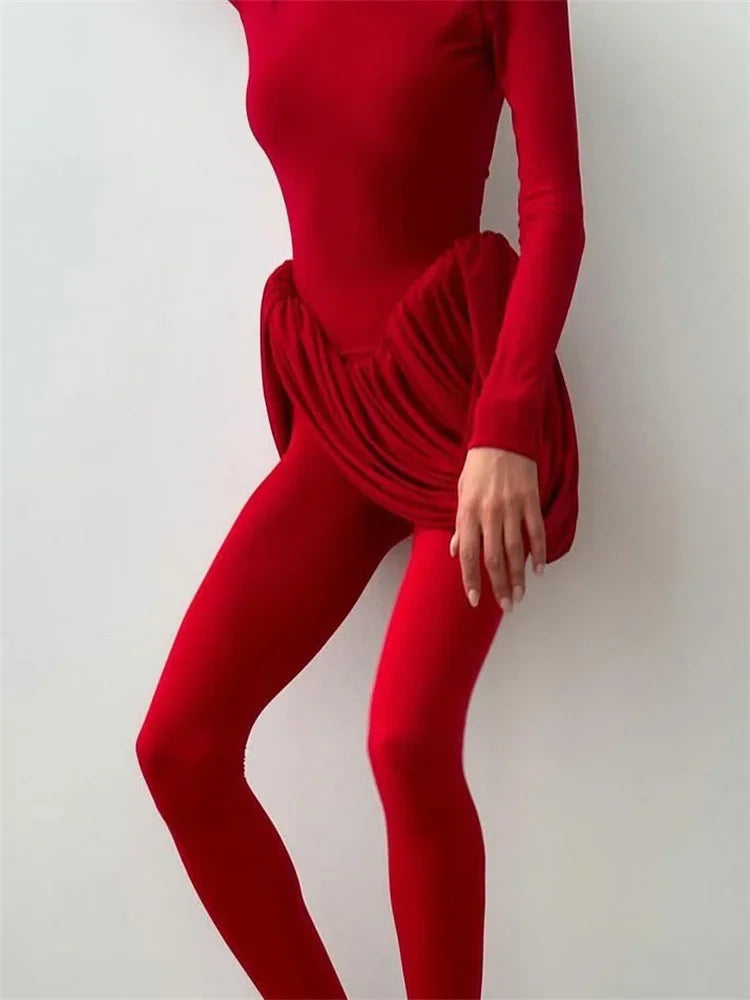 Tuularose Red Hollow Dress Women High Waist Sexy Backless Long Sleeve Gathered Dress Summer Patchwork Retro Party Evening Dress