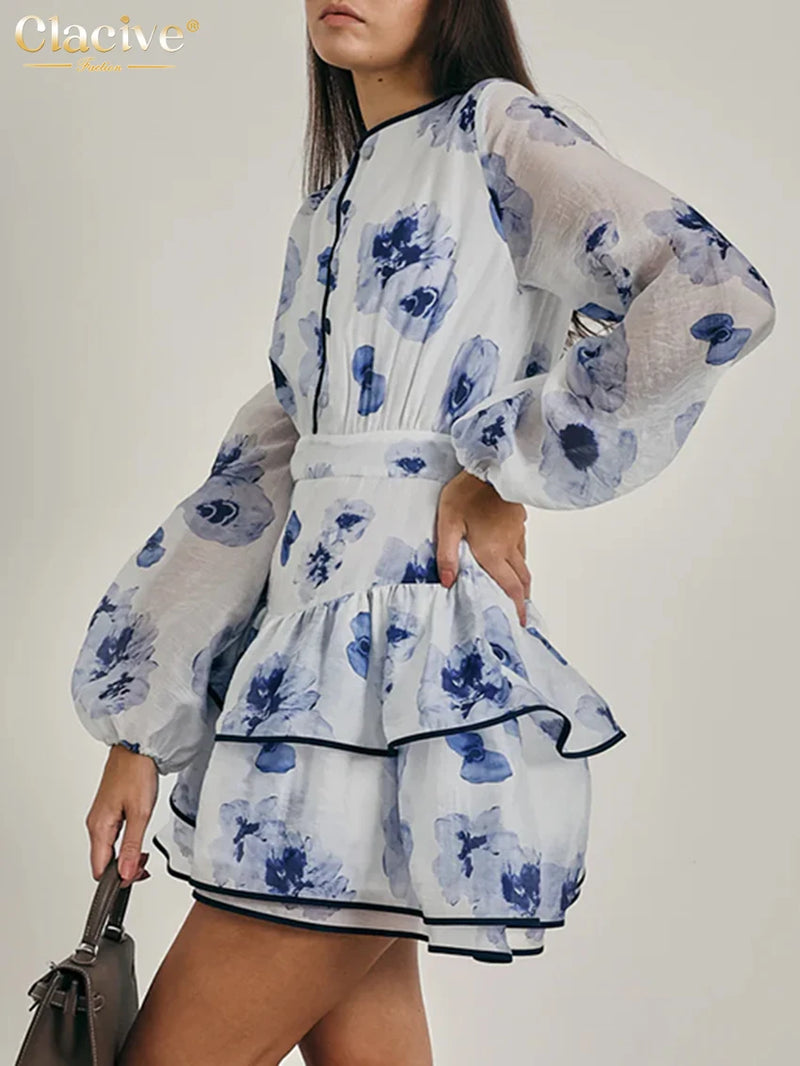 Clacive Fashion Loose Print Women's Dress Casual O-Neck Long Sleeve Mini Dresses Elegant Classic High Waist Pleated Female Dress