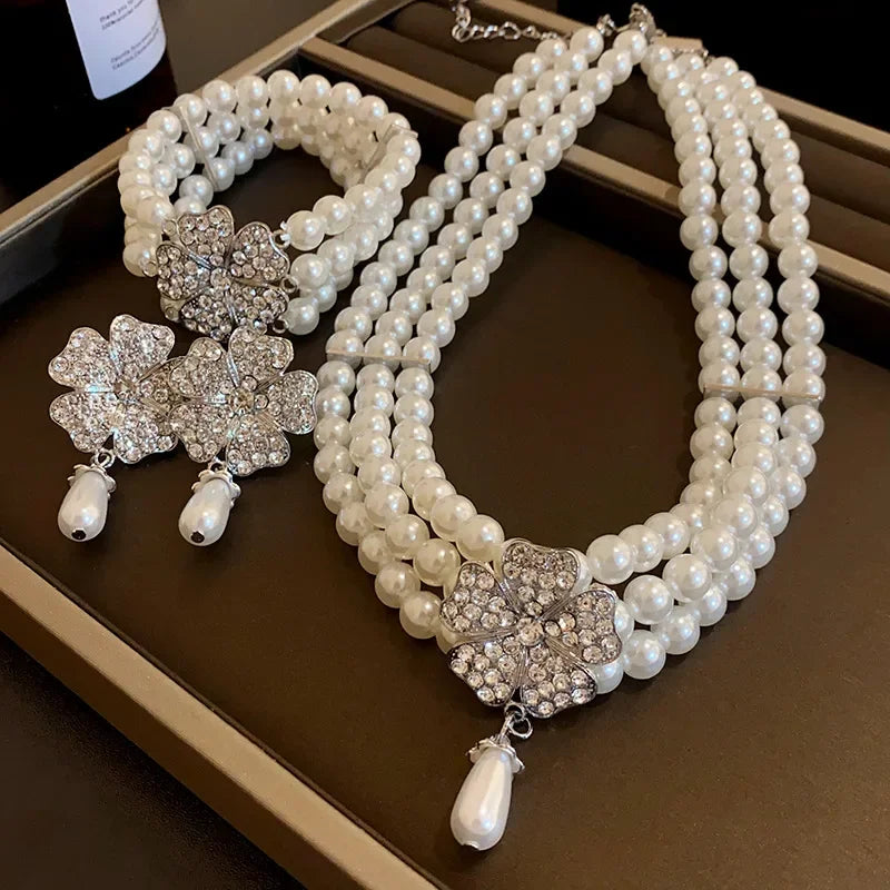 Flower Party Necklaces Women French Luxury Imitation Pearl Multi-layer Necklaces Bracelet Earrings Rhinestone Jewelry Sets K-
