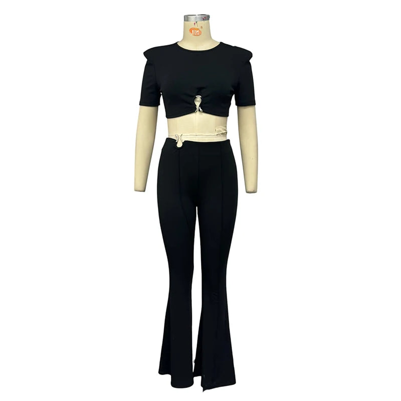 Conjunto de duas peças casual sólido manga curta gola redonda cintura alta pulôver top fino solto calças flare conjuntos