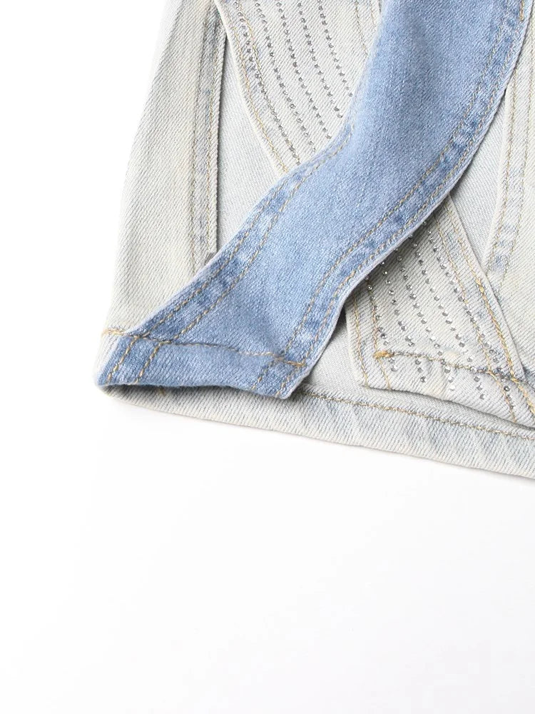 Calça jeans feminina VGH Crisscross Hit Color Streetwear cintura alta patchwork bolsos vazados calças femininas