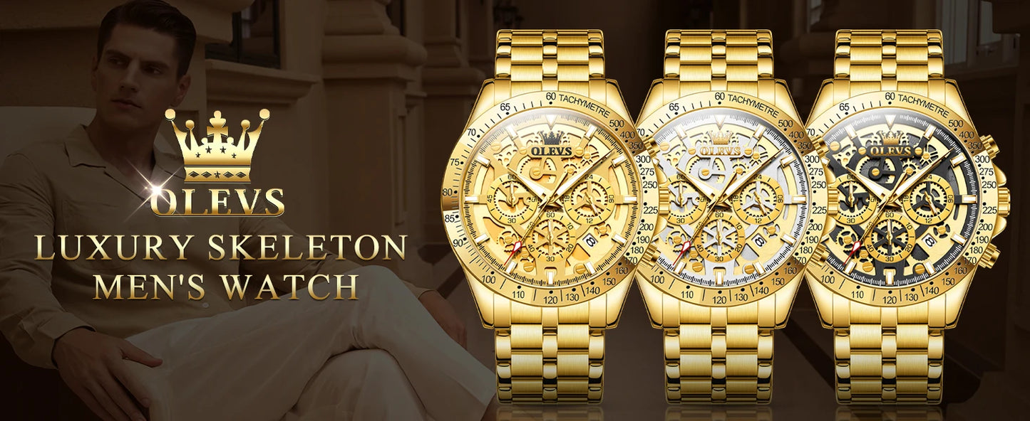 OLEVS Lxuxry Brand Gold Men's Watches Full Skeleton Stainless steel Chronograph Wristwatch Waterproof Luminous Quartz Watch Men