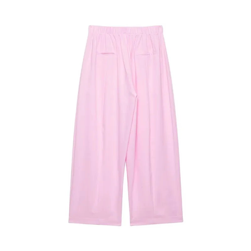 Women's Mid Waist Pants Set Spring 2 Piece Set Lapel Collar Shirt Pocket Elastic Waist Barrel Trousers Two Piece Female Outfits