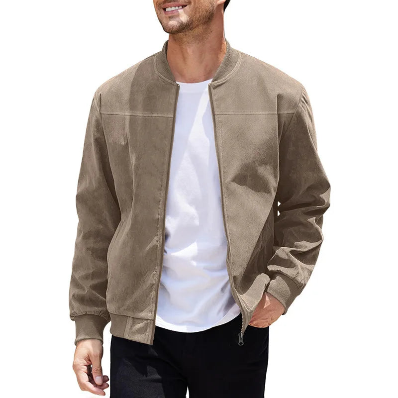 Men's Business Casual Suede Jacket Zipper Collar Warm Sporty Outerwear Polyester Fabric Long Sleeve round Hem Knitted Sleeve