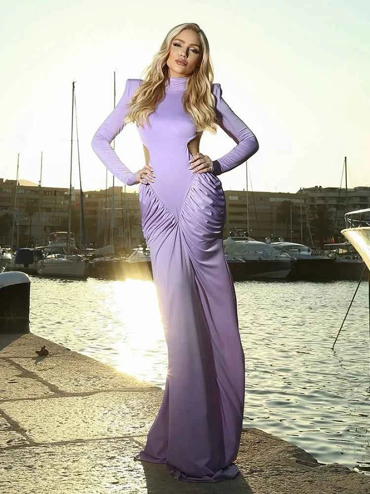 Weird Puss Backless Maxi Dress Women Shoulder Pads Long Sleeve Waistless Peach Buttocks Ruched Elegant Banquet Skinny Vestidos
