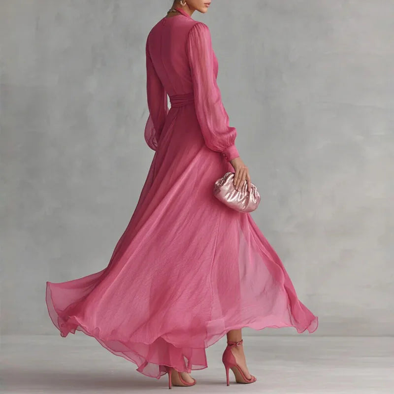Elegant Deep V Neck Hollow Party Dresses Woman New Spring Wrap Tie Waist High Slit Long Dress Femme Solid Long Sleeve Maxi Dress