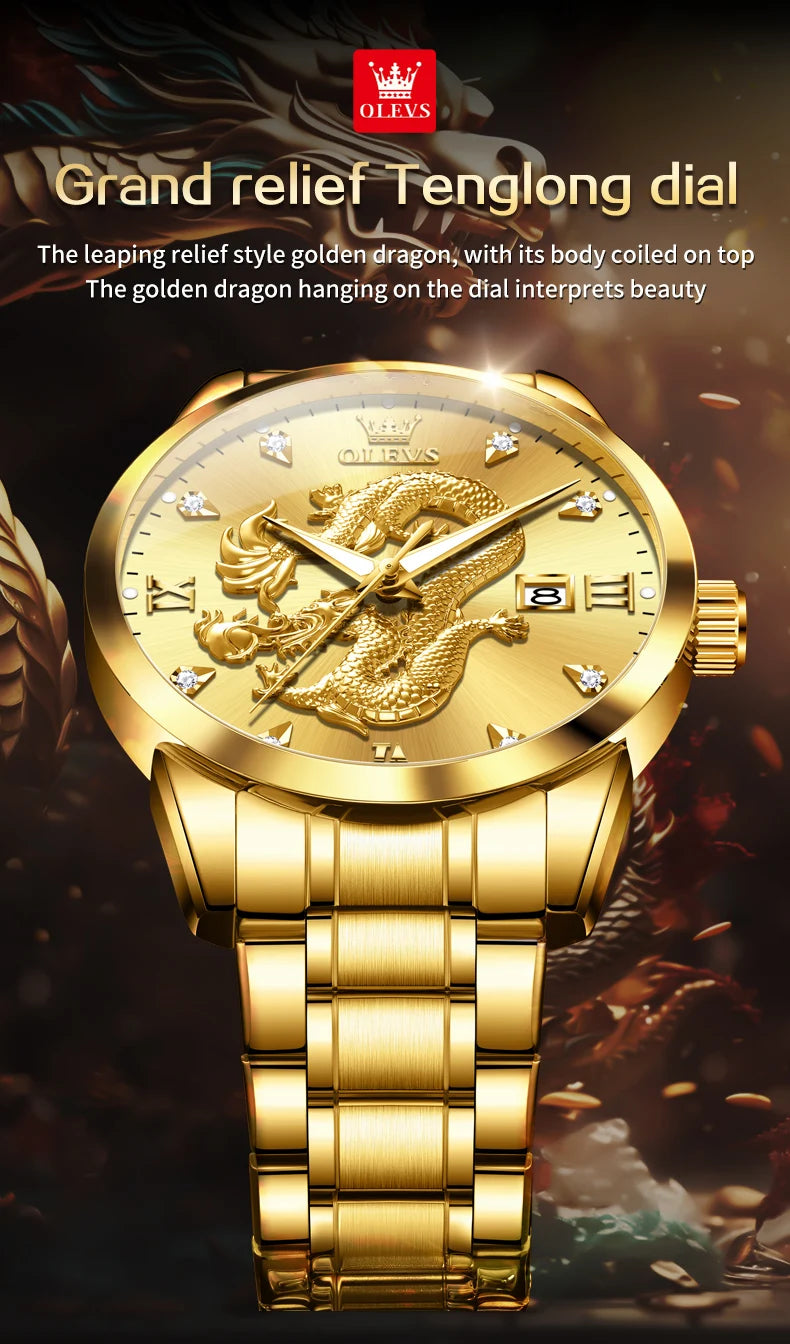 OLEVS Men's Watches Top Brand Fashion Original Quartz Watch for Man China Loong Dragon Dial Waterproof Luminous Date Olevs 3619