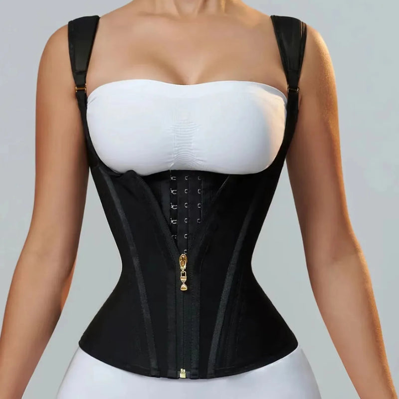 Colete de postura com cintura de malha elástica de alta qualidade com 15 ossos, modelo de barriga, cinto com cordão e zíper, top modelador retrô com seios grandes
