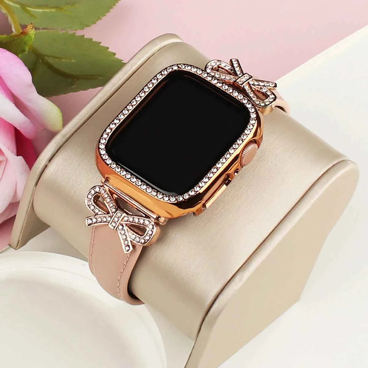 Bow strap+Diamond case for Apple Watch 40/41/42/44/45/46/49 For Fashion+Elegant Women's iWatch series11 10 987 654 accessories