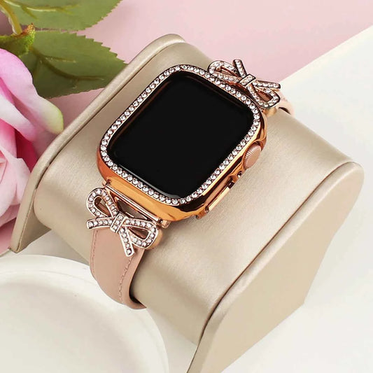 Bow strap+Diamond case for Apple Watch 40/41/42/44/45/46/49 For Fashion+Elegant Women's iWatch series11 10 987 654 accessories