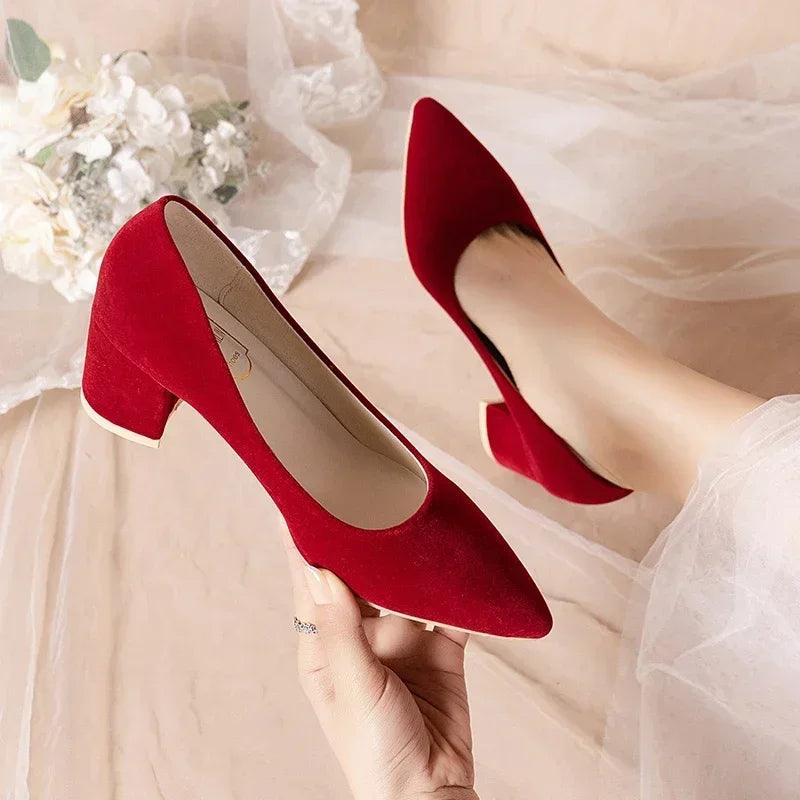 Women's Sandals Summer French Red Wedding Shoes for Women Spring/Summer/Autumn Pointed Thick Heels Not Tiring Feet Bride Shoes - CRAVO ROSE