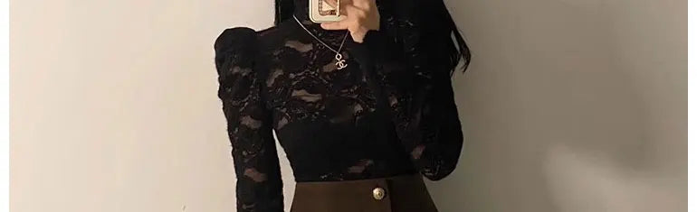 Fleece Lined Lace Base Shirt Women's Autumn Winter Hollow out Mesh Top Trendy Commute Style High Neck Long Sleeve  Color