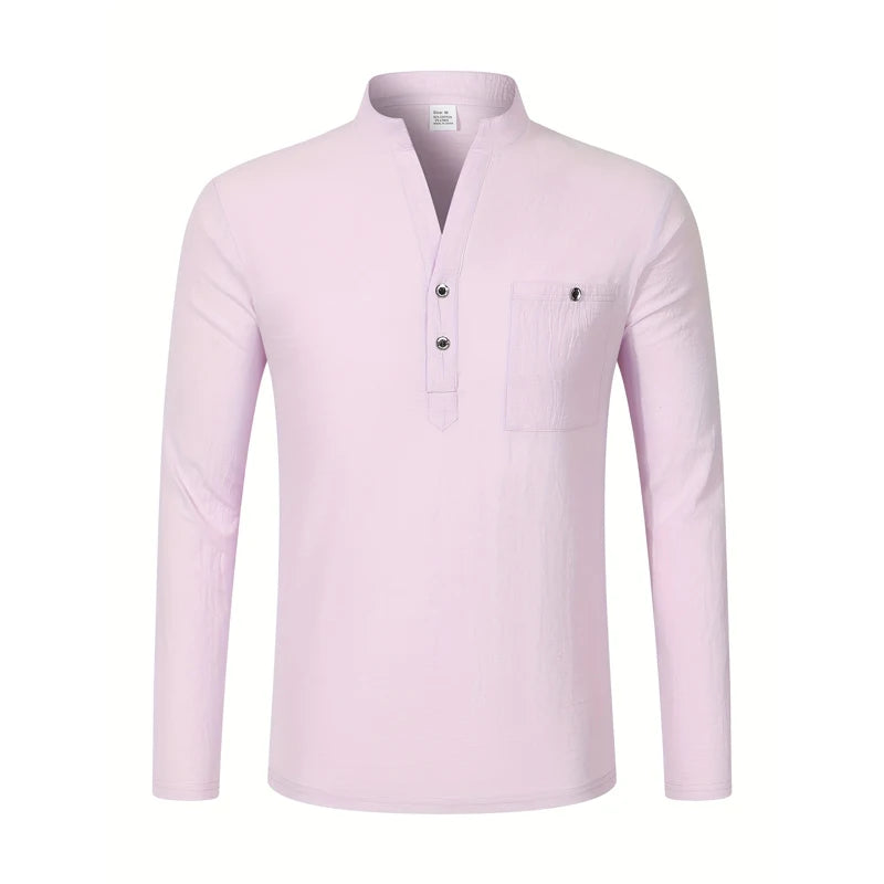 Men's Lightweight Shirts Long Sleeve Henley Cotton Linen Shirts for Male Beach Hawaiian V-neck Top Breathable Polo Shirts top