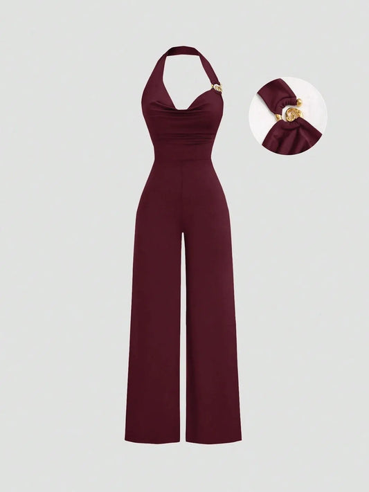 Women's Slim Fit Jumpsuit Backless Halter Casual Daily Commuting Outfit Fashionable Metal Decor