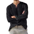 Camisa masculina de algodão e linho, cor sólida, aconchegante, manga comprida, respirável, blusa casual com decote em V, camisa havaiana, camisas leves