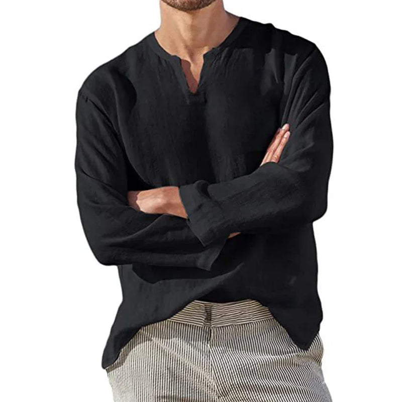 Camisa masculina de algodão e linho, cor sólida, aconchegante, manga comprida, respirável, blusa casual com decote em V, camisa havaiana, camisas leves