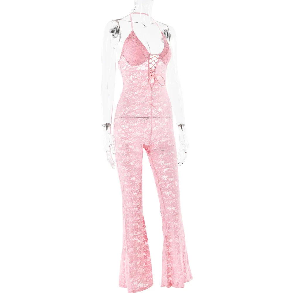 Women's New Sexy Fashion Hollow-Out Lace See-Through Backless Halter Slim Jumpsuit