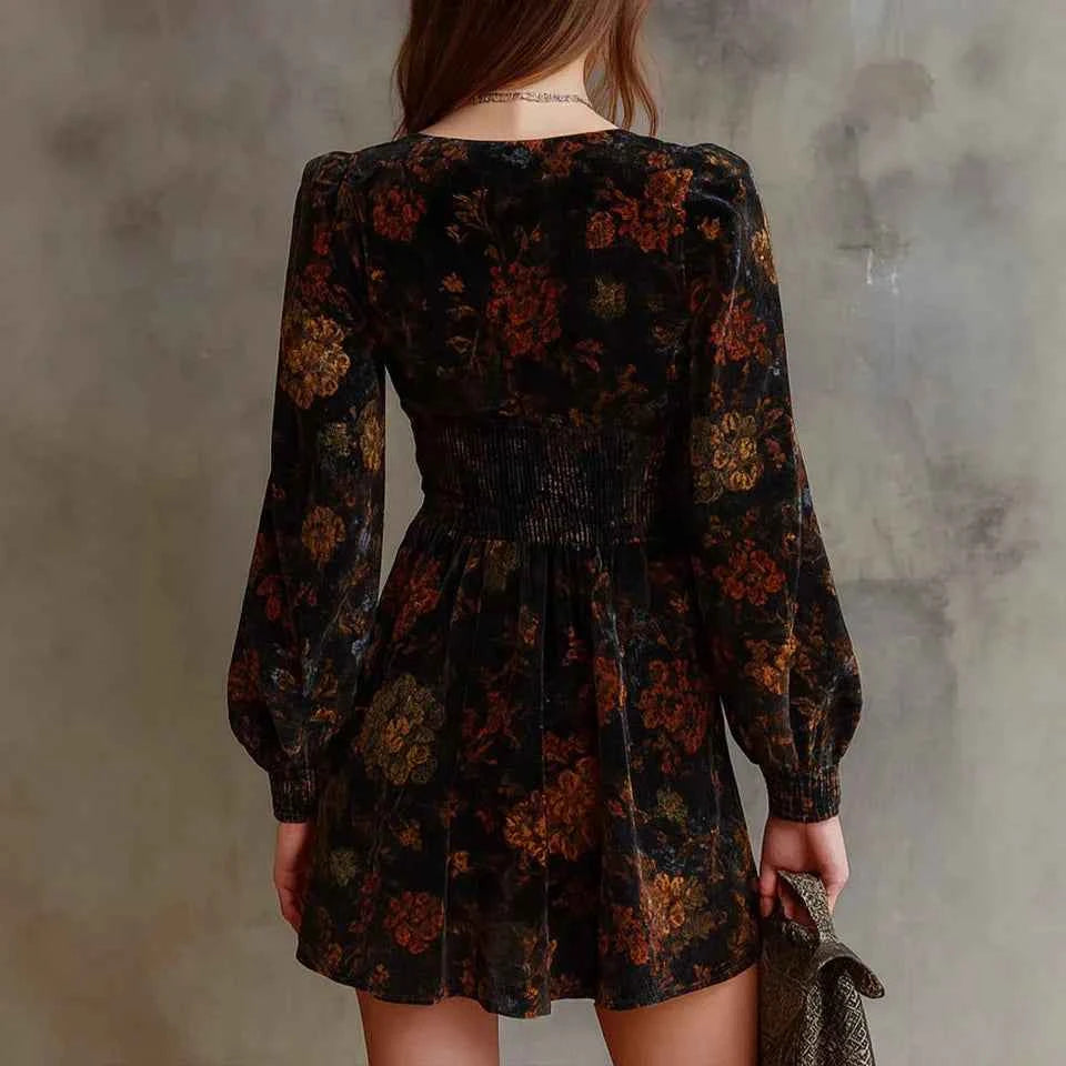 Fashion Autumn Sexy V-neck Long Sleeve Women's Dress Elegant Flower Print Mini Evening Dress Temperament Waist Party Dresses