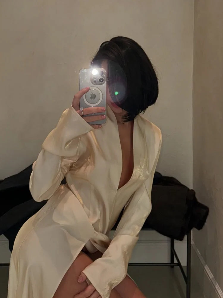 Fashion Solid Shiny Laser Color Splicing Long Dress Chic V Neck Full Sleeves Split Maxi Dresses Spring Women New Party Vestidos