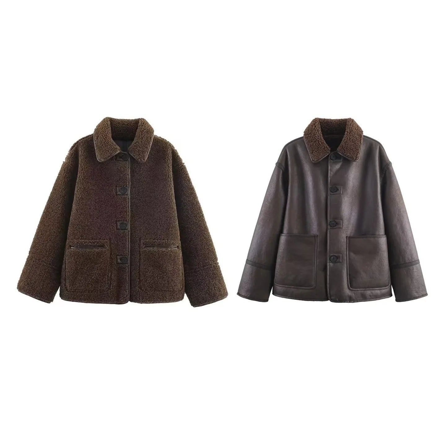 Double-Sided Wear Lamb Fur Jacket Women's Autumn Winter Loose Warm Outerwear Fake Leather Coat Standard Style Long Sleeve