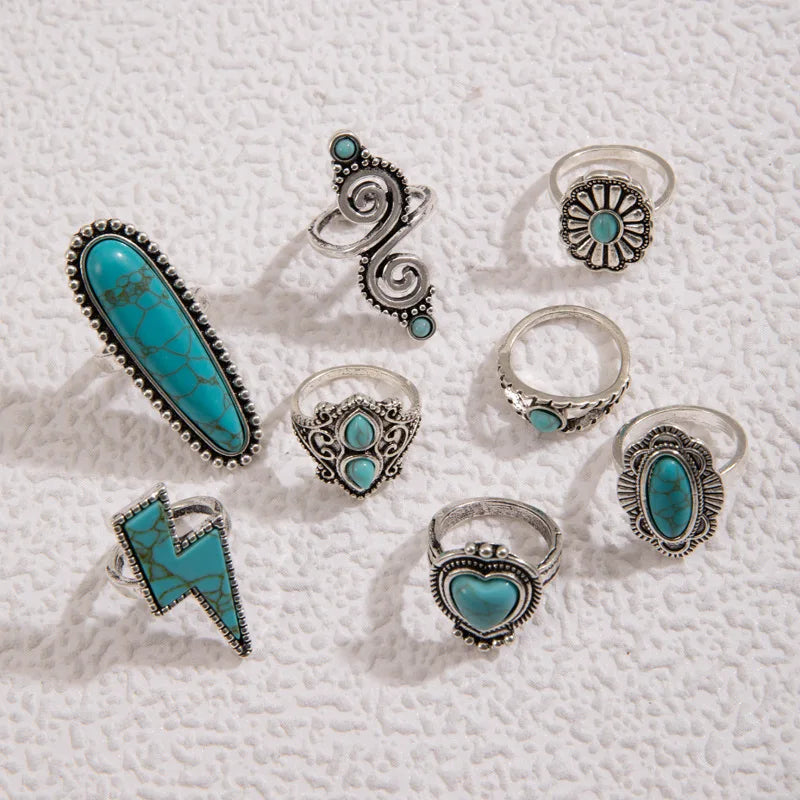 8Pcs set Vintage Bohemian Crystal Turquoise Stacking LOVE Rings Knuckle Rings Lightning Carved Rings Western Jewelry for Women