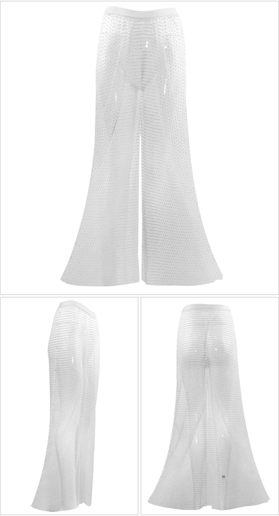 Sparkle Diamante Fishnet Wide Leg Trousers Crystal Mesh Flare Pants High Waisted Rhinestone Split Hem Leggings