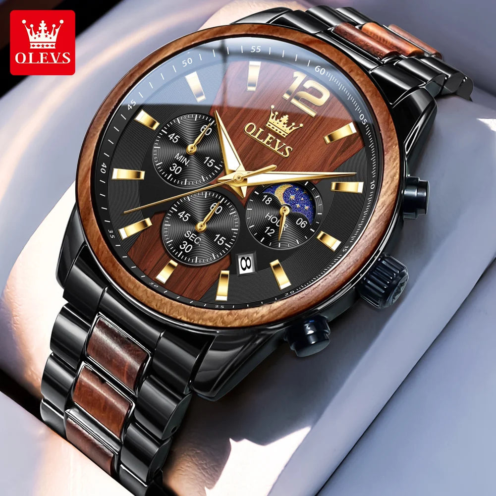 OLEVS 3645 Mens Watch Top Brand Business Original Quartz Watch Solid Wood Multifunctional Chronograph Watch Moon Phase Reloj New