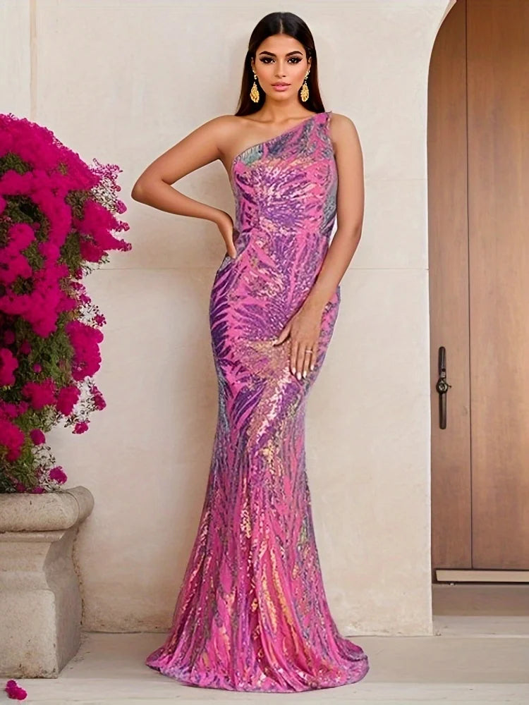 Lavender Pink One Shoulder Sequin Maxi Dress Sleeveless Evening Party Prom Gown for Women - CRAVO ROSE