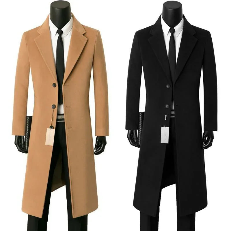 Sobretudo de lã masculino para outono e inverno, comprimento médio, casual, corta-vento quente, jaqueta com gola para pai