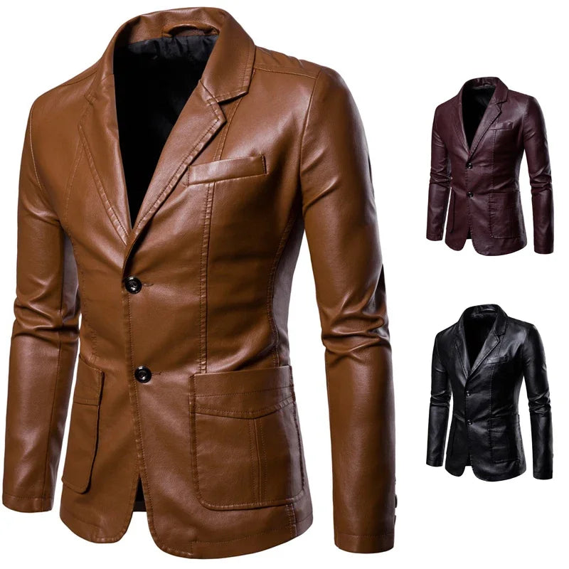 Jaqueta Lapela Vestido de Couro Casaco Terno Slim Fit Jaqueta À Prova de Vento Masculino Negócios Casual Pu Blazers