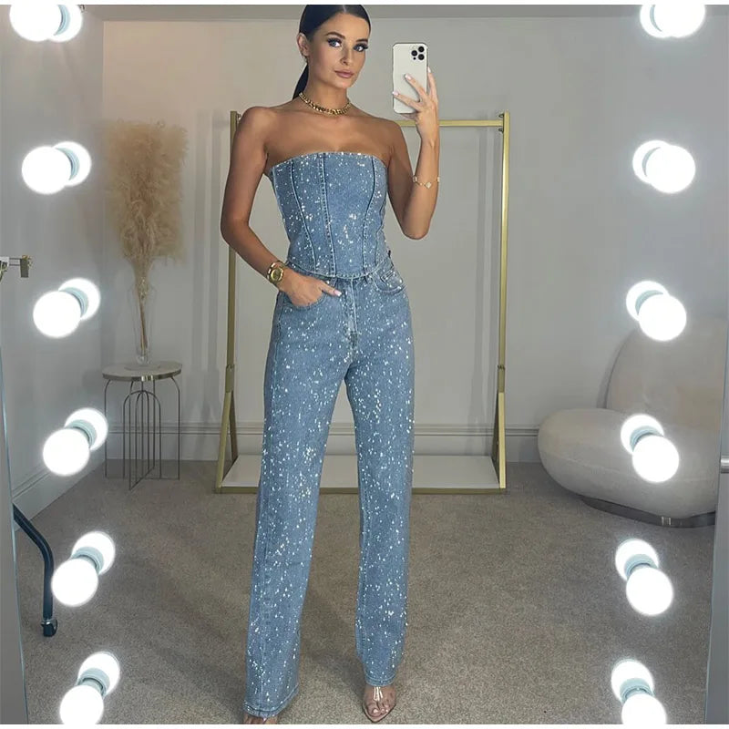 Conjunto jeans feminino com strass brilhantes, espartilho modelador, top curto, jeans slim fit, roupa de festa, boate, estilo cowgirl