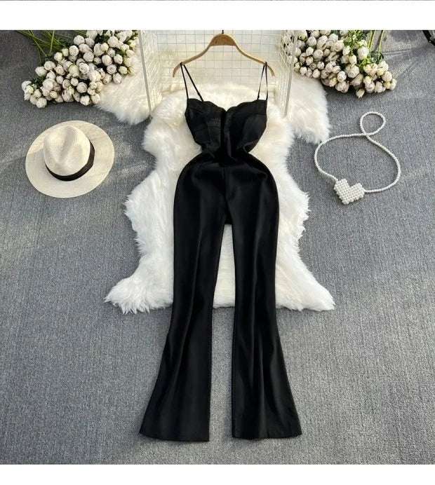 Elegant V-Neck Strap Dress Casual High Waist Slimming One-Piece Wide Leg Pants Long Loose Fitting Women's Online Exclusive