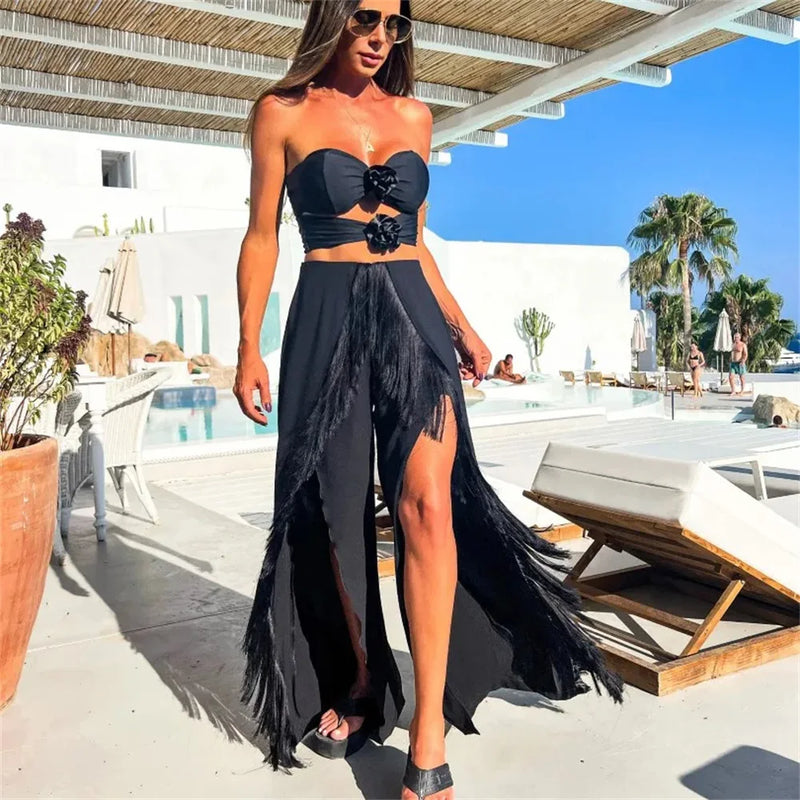 Black Sexy Bikini Pantdress Set Swimwear Women 2024 Off Shoulder SwimSuit Summer Ladies Bikini Dress Mesh Bathing Suit Beachwear