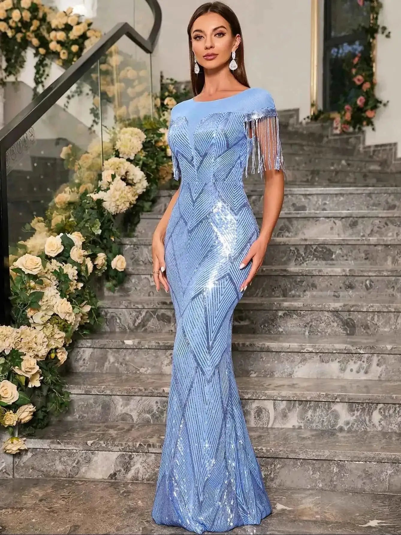 Unithorse Elegant Fringe Trim Mermaid Hem Sequin Prom Dress