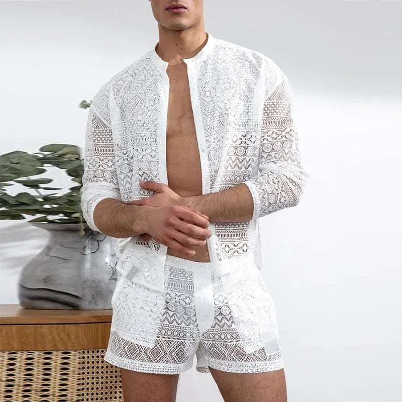 Conjuntos masculinos de manga comprida, camisa com recorte de renda, shorts casuais, terno masculino de duas peças