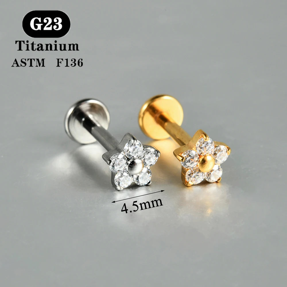 1PC ASTM F136 Titanium Zircon Flat Back Earring Flower Ear Studs Lobe Helix Tragus Cartilage Piercing Jewelry 16G