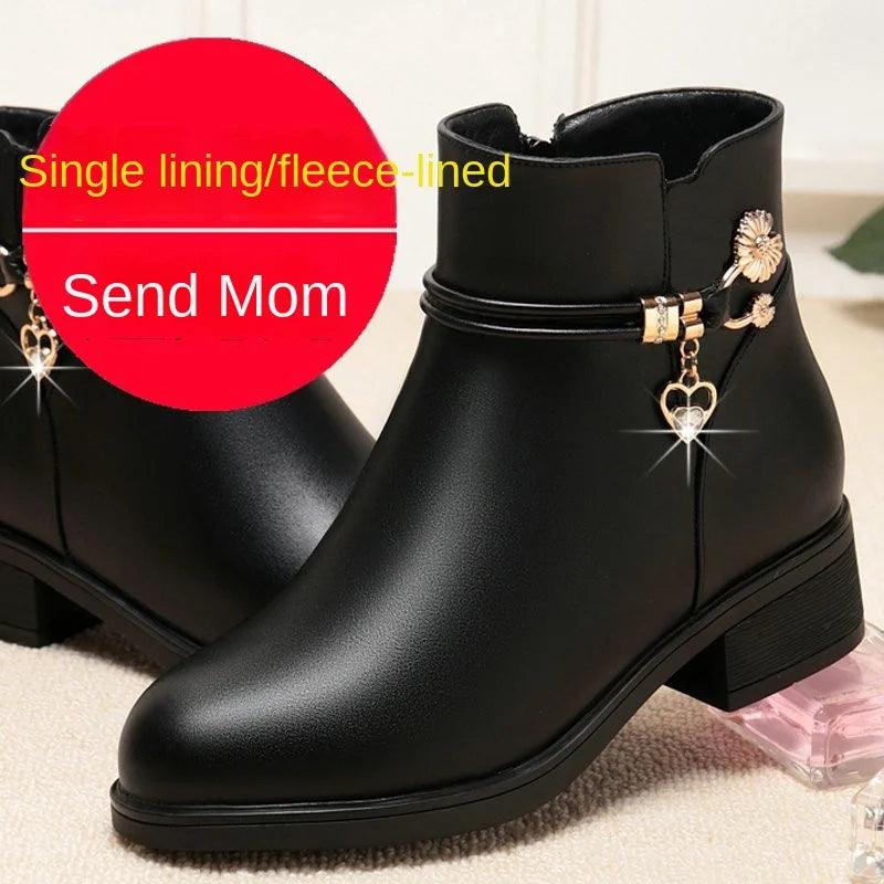 Soft Leather Mother Cotton Shoes Fashion Spring Winter Middle Heel Rhinestone Womens Snow Boots Comfortable Soft Sole Short Boot - CRAVO ROSE