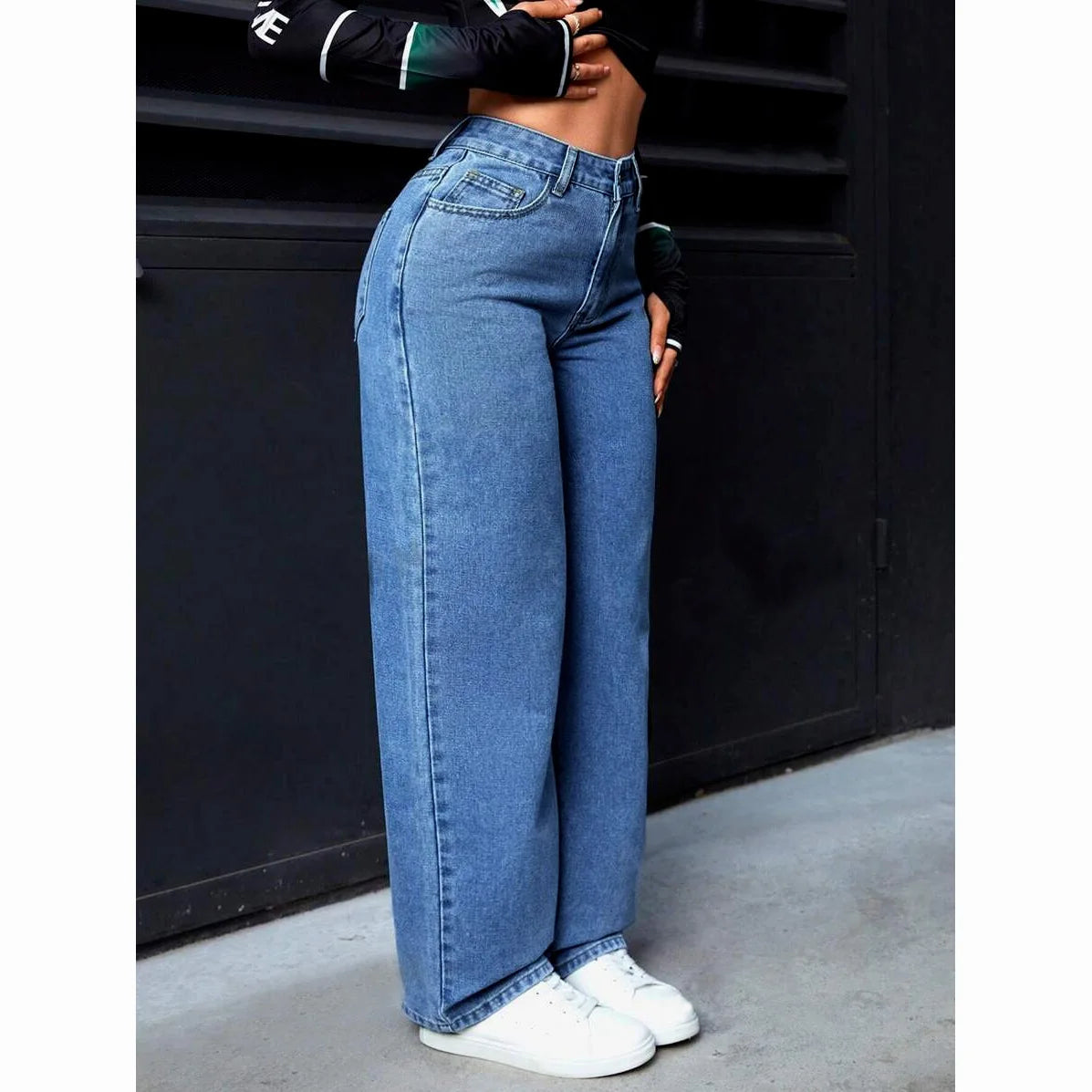 Trendy Cross-Border Hot Selling Women's Sweet-and-Spicy Style High-Waist Loose Casual Straight Leg Jeans Cotton Gauze