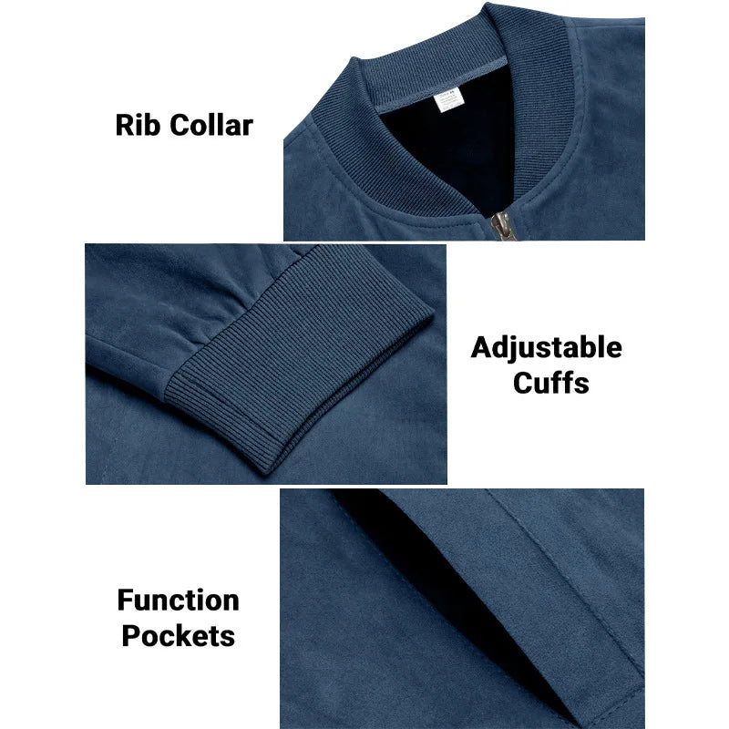 Men's Business Casual Suede Jacket Zipper Collar Warm Sporty Outerwear Polyester Fabric Long Sleeve round Hem Knitted Sleeve